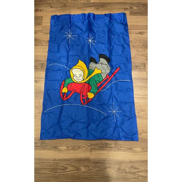 Vintage custom LG outdoor flag hand stitch blue child sledding theme 35" x 53" - Picture 1 of 15